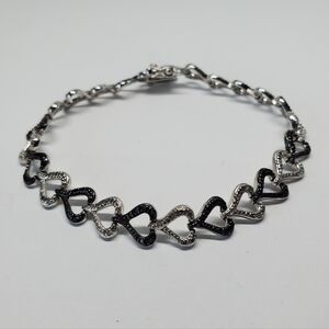 Sterling Silver Black Studded Heart Diamond Chip Bracelet